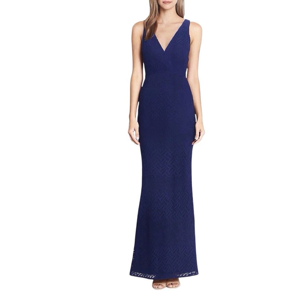 Kay Unger Gown Blue Lace Hendrix Column Cocktail Dress Split Side Size 6
